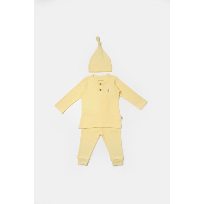 Set 3 piese:bluza, pantaloni si caciulita Bamboo, galben, BabyCosy, 50% bumbac+50%bambus (Marime: 3-6 Luni) JEMBC-CSYB9002-3