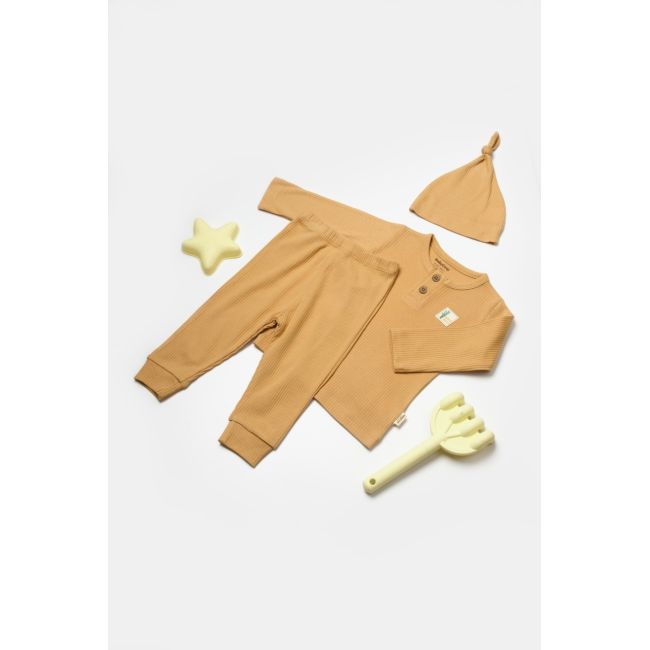 Set 3 piese:bluza, pantaloni si caciulita Bamboo, maro, BabyCosy, 50% bumbac+50%bambus (Marime: 6-9 luni) JEMBC-CSYB9003-6