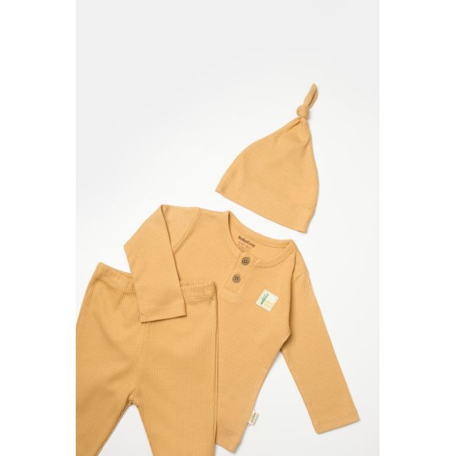 Set 3 piese:bluza, pantaloni si caciulita Bamboo, maro, BabyCosy, 50% bumbac+50%bambus (Marime: 6-9 luni) JEMBC-CSYB9003-6