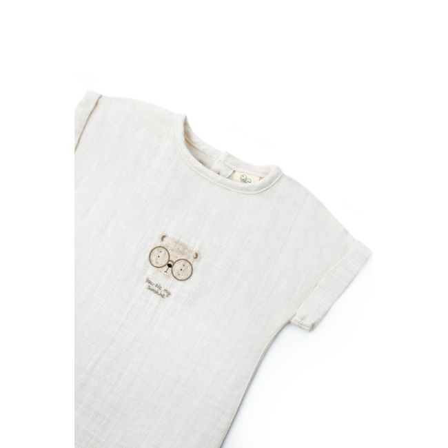Set tricou ecru cu pantaloni scurti TeddyBear, 100% bumbac organic, BabyCosy (Marime: 3-6 Luni) JEMBC-CSYM7104-3