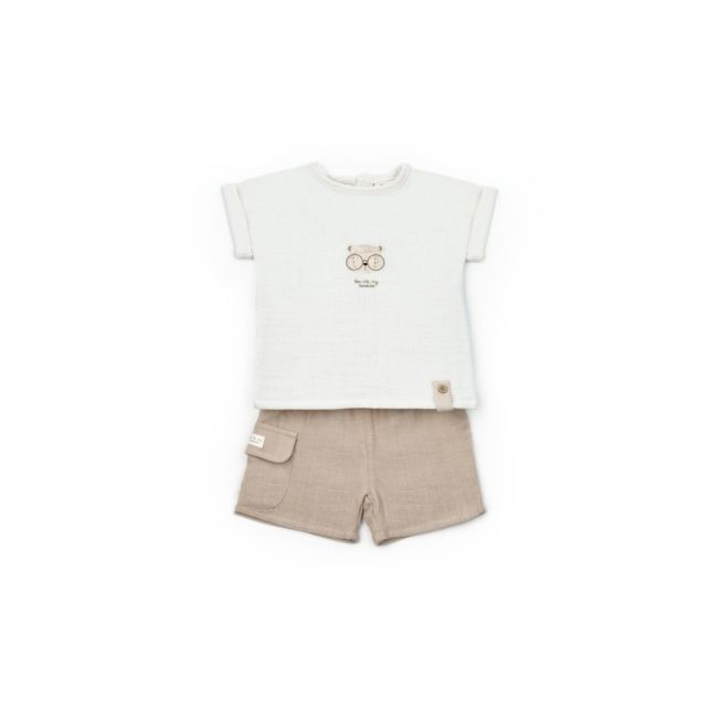 Set tricou ecru cu pantaloni scurti TeddyBear, 100% bumbac organic, BabyCosy (Marime: 6-9 luni) JEMBC-CSYM7104-6