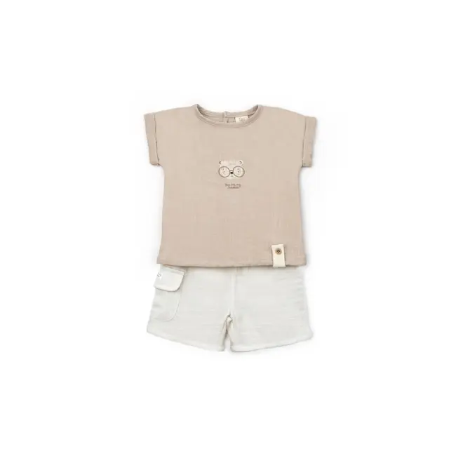Set tricou maro cu pantaloni scurti TeddyBear, 100% bumbac organic, BabyCosy (Marime: 18-24 Luni) JEMBC-CSYM7103-18