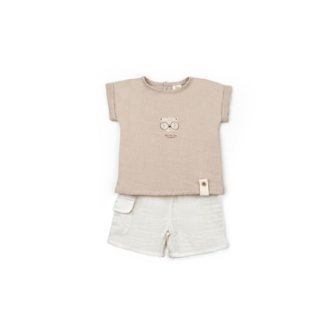 Set tricou maro cu pantaloni scurti TeddyBear, 100% bumbac organic, BabyCosy (Marime: 6-9 luni) JEMBC-CSYM7103-6