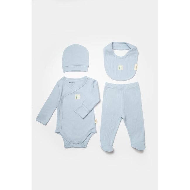 Set 4 piese:body, pantaloni, baveta si caciulita Bamboo, bleu, BabyCosy, 50% bumbac+50%bambus (Marime: 3-6 Luni) JEMBC-CSYB9010-3