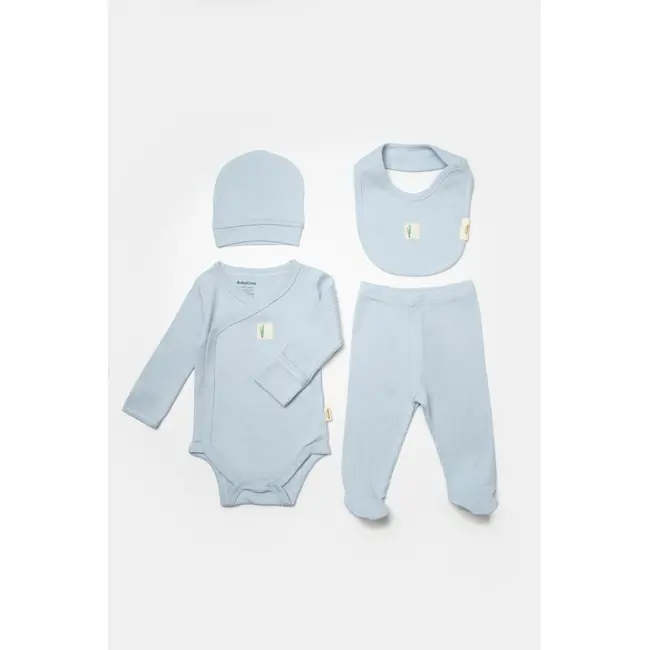 Set 4 piese:body, pantaloni, baveta si caciulita Bamboo, bleu, BabyCosy, 50% bumbac+50%bambus (Marime: 6-9 luni) JEMBC-CSYB9010-6