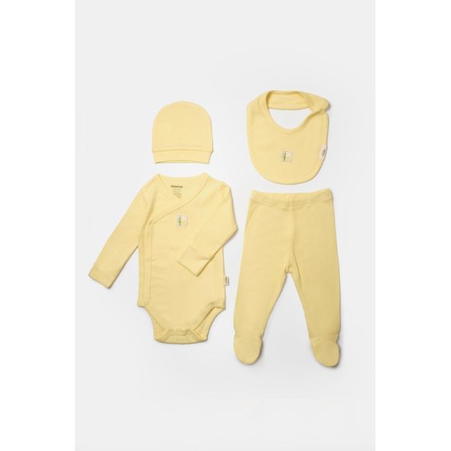 Set 4 piese:body, pantaloni, baveta si caciulita Bamboo, galben, BabyCosy, 50% bumbac+50%bambus (Marime: 3-6 Luni) JEMBC-CSYB9008-3