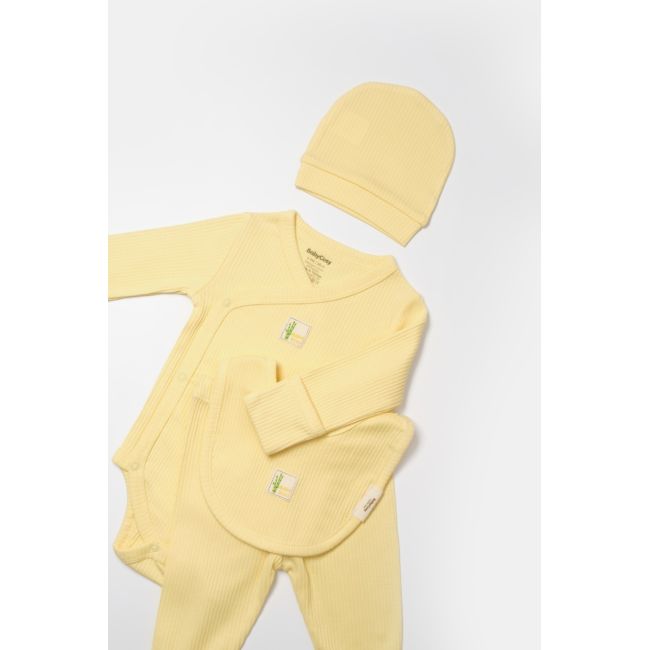 Set 4 piese:body, pantaloni, baveta si caciulita Bamboo, galben, BabyCosy, 50% bumbac+50%bambus (Marime: 3-6 Luni) JEMBC-CSYB9008-3