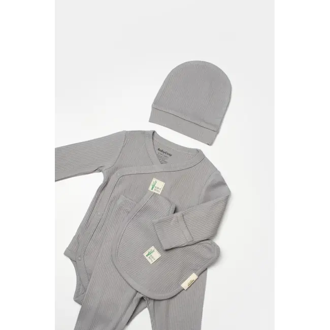Set 4 piese:body, pantaloni, baveta si caciulita Bamboo, gri, BabyCosy, 50% bumbac+50%bambus (Marime: 0-3 Luni) JEMBC-CSYB9011-0