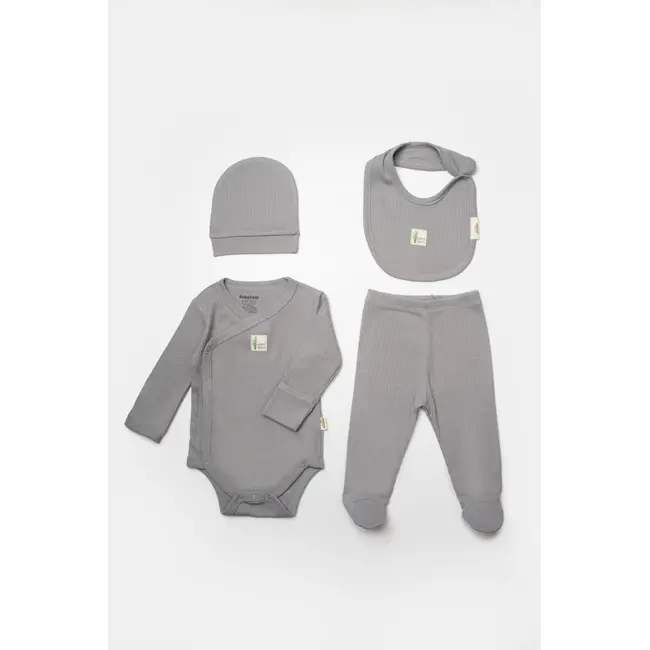 Set 4 piese:body, pantaloni, baveta si caciulita Bamboo, gri, BabyCosy, 50% bumbac+50%bambus (Marime: 6-9 luni) JEMBC-CSYB9011-6