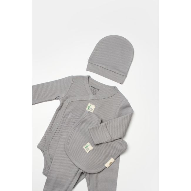 Set 4 piese:body, pantaloni, baveta si caciulita Bamboo, gri, BabyCosy, 50% bumbac+50%bambus (Marime: 6-9 luni) JEMBC-CSYB9011-6