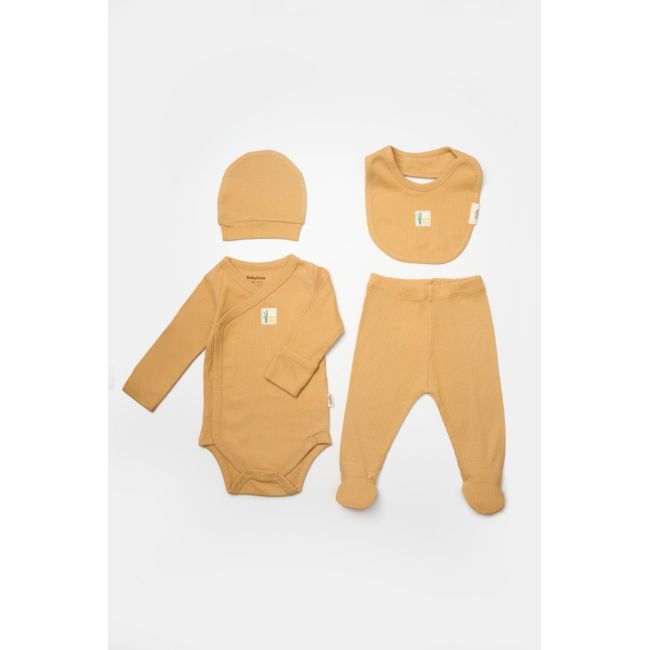 Set 4 piese:body, pantaloni, baveta si caciulita Bamboo, maro, BabyCosy, 50% bumbac+50%bambus (Marime: 3-6 Luni) JEMBC-CSYB9009-3