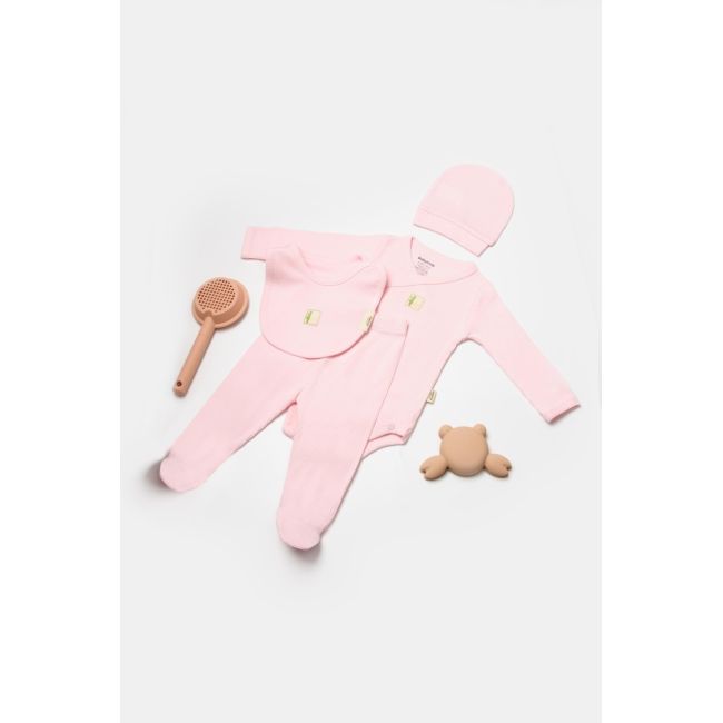 Set 4 piese:body, pantaloni, baveta si caciulita Bamboo, roz, BabyCosy, 50% bumbac+50%bambus (Marime: 6-9 luni) JEMBC-CSYB9007-6