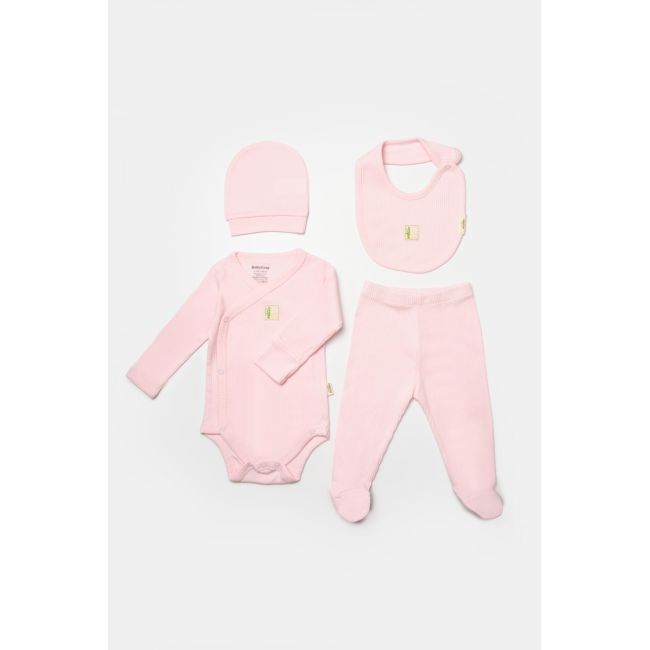 Set 4 piese:body, pantaloni, baveta si caciulita Bamboo, roz, BabyCosy, 50% bumbac+50%bambus (Marime: 6-9 luni) JEMBC-CSYB9007-6