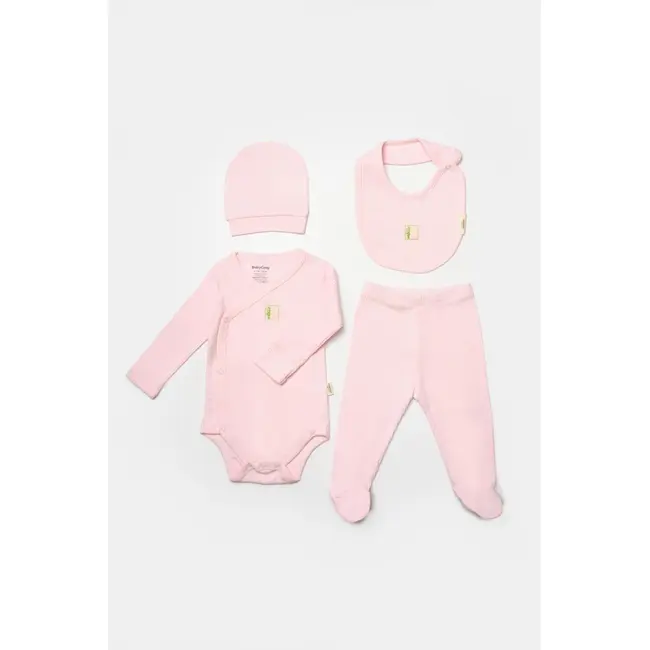 Set 4 piese:body, pantaloni, baveta si caciulita Bamboo, roz, BabyCosy, 50% bumbac+50%bambus (Marime: 6-9 luni) JEMBC-CSYB9007-6
