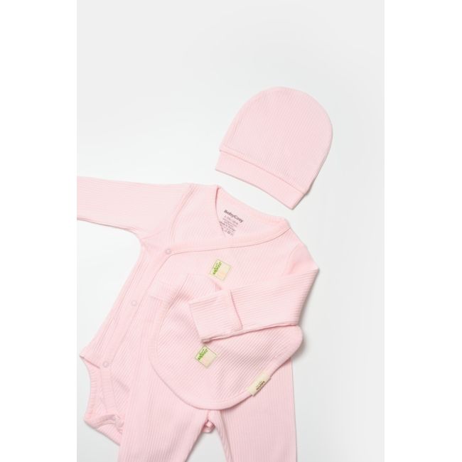 Set 4 piese:body, pantaloni, baveta si caciulita Bamboo, roz, BabyCosy, 50% bumbac+50%bambus (Marime: 6-9 luni) JEMBC-CSYB9007-6