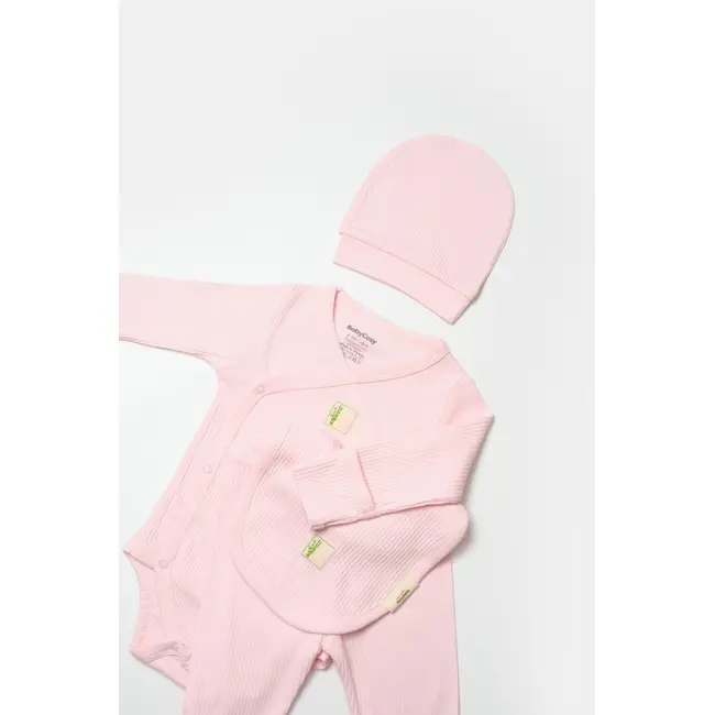 Set 4 piese:body, pantaloni, baveta si caciulita Bamboo, roz, BabyCosy, 50% bumbac+50%bambus (Marime: 6-9 luni) JEMBC-CSYB9007-6