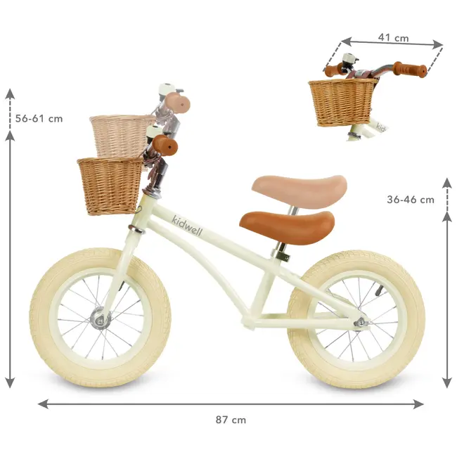 Bicicleta De Echilibru Fara Pedale Pentru Copii, Reglabila, Roti De 12  , Sonerie Si Cos, 3 Ani+, Retro Classy Cream, Kidwell Pjbrobicla01a0