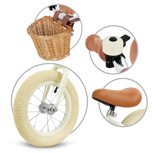 Bicicleta De Echilibru Fara Pedale Pentru Copii, Reglabila, Roti De 12  , Sonerie Si Cos, 3 Ani+, Retro Classy Cream, Kidwell Pjbrobicla01a0
