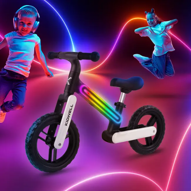 Bicicleta De Echilibru Fara Pedale Pentru Copii, Sa Reglabila, Cu Lumini Led, Roti Eva, 2 Ani+, Suno Black White, Kidwell Pjbrobisun02a0