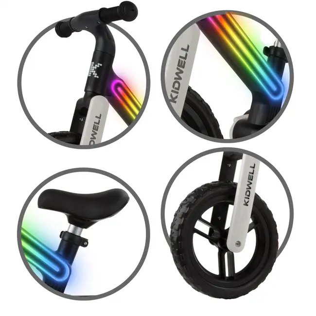 Bicicleta De Echilibru Fara Pedale Pentru Copii, Sa Reglabila, Cu Lumini Led, Roti Eva, 2 Ani+, Suno Black White, Kidwell Pjbrobisun02a0