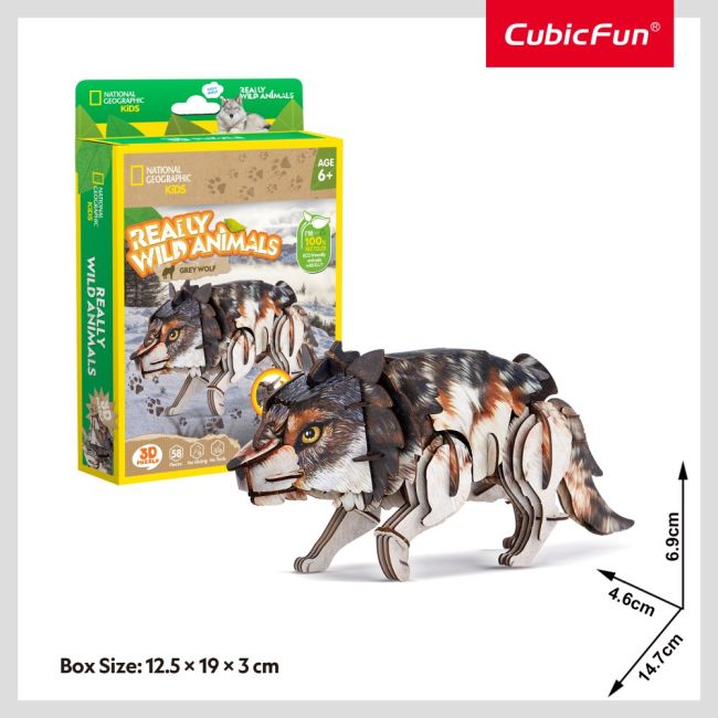 Cubic Fun - National Geographic Animale Salbatice Puzzle 3D Lup Cenusiu 58 piese ARTCUDS1073h
