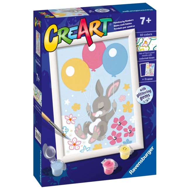 Ravensburger - CreArt pictura pe numere pentru copii iepuras cu baloane si cu pietre sclipitoare ARTRVSPBN23564
