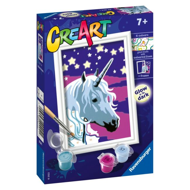 Ravensburger - CreArt pictura pe numere pentru copii unicorn visator care straluceste in intuneric ARTRVSPBN20204