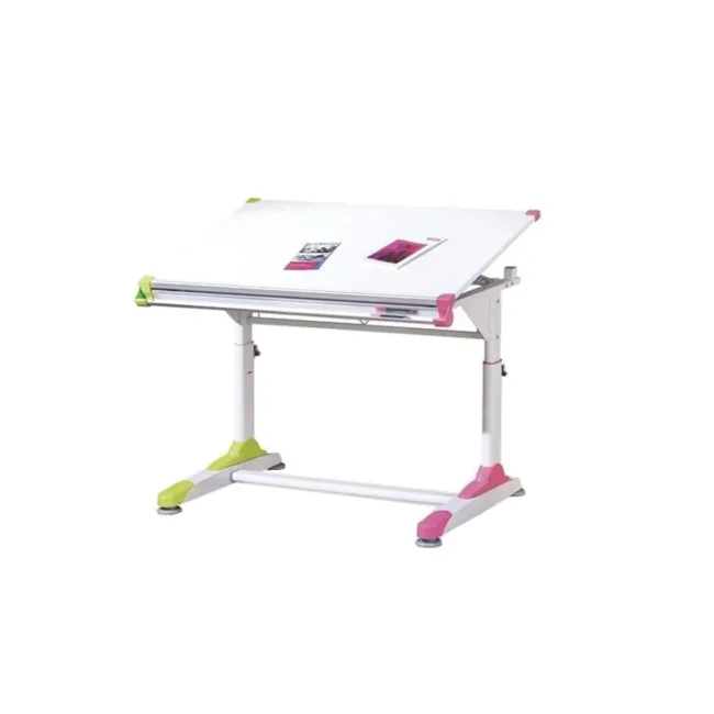 Set birou ergonomic HM Collorido, inaltime reglabila, unghi inclinare ajustabil, MDF, alb si scaun birou HM Kitty, piele ecologica, Mecanism de balans, 80 Kg, roz DRM10544