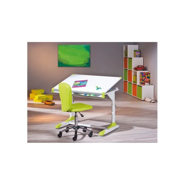 Set birou ergonomic HM Collorido, inaltime reglabila, unghi inclinare ajustabil, MDF, alb si scaun birou HM Kitty, piele ecologica, Mecanism de balans, 80 Kg, roz DRM10544