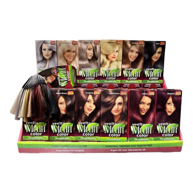 Display din carton cu 30 bucati Vopsea de par Venita Multicolor si paletar