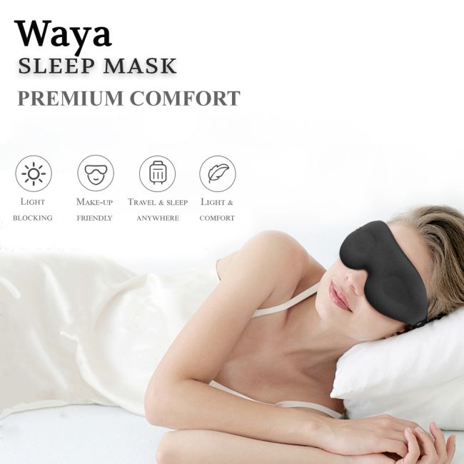 Masca de somn 3D Premium, WAYA , Poliester, Reglabila, 100% lumina blocata, Negru EKDEM-S1