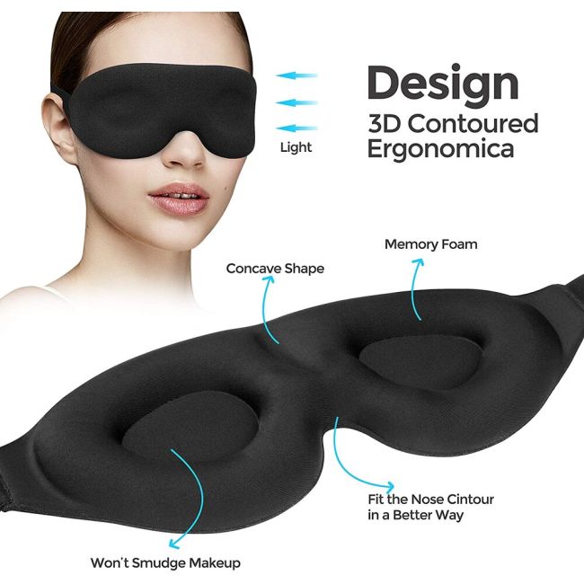 Masca de somn 3D Premium, WAYA , Poliester, Reglabila, 100% lumina blocata, Negru EKDEM-S1