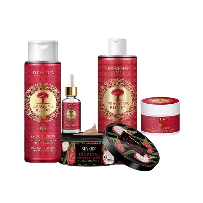 Pachet ingrijire Dragon' Blood Revers - apa micelara, crema de ten, sampon, exfoliant si ser ingrijire XL