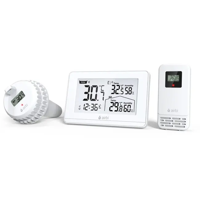 Termometru si higrometru digital de camera, cu senzori wireless pentru exterior si pentru apa din piscina, lumina de fundal, Airbi POOL BI1021