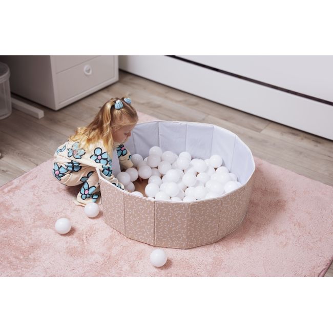 Piscina uscata pliabila cu bile, BabyJem, 30x83 cm, 100 bile albe, somon JEMbj_8621