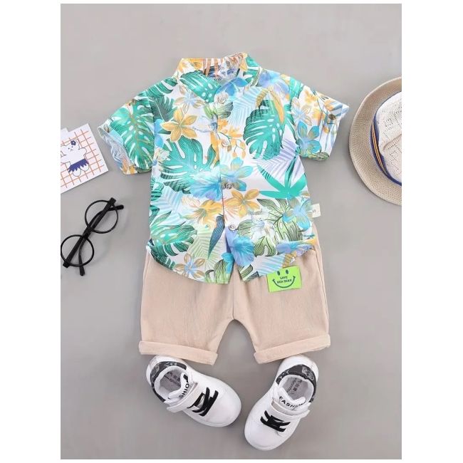 Set tropical pentru baieti – camasa colorata si pantaloni bej mbtu131-de