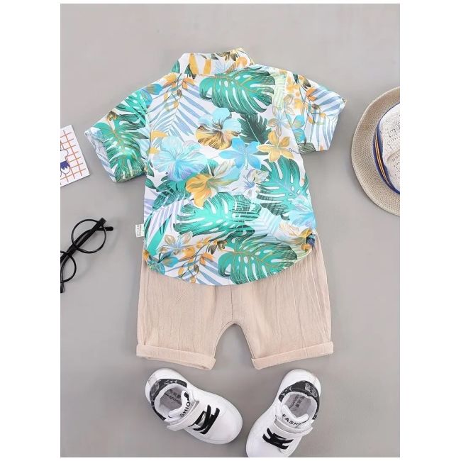 Set tropical pentru baieti – camasa colorata si pantaloni bej mbtu131-de
