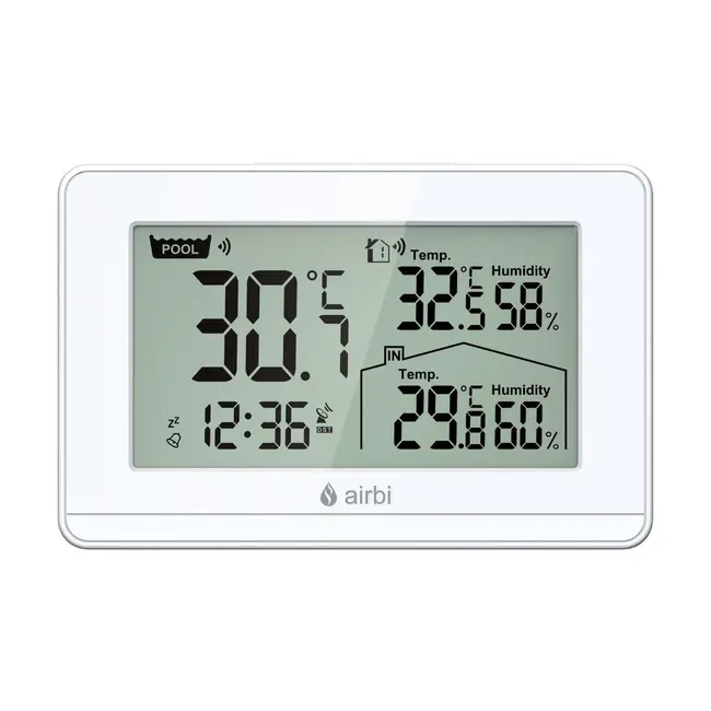 Termometru si higrometru digital de camera, cu senzori wireless pentru exterior si pentru apa din piscina, lumina de fundal, Airbi POOL BI1021
