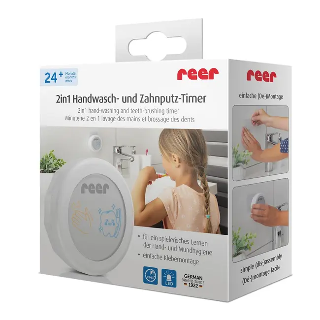 Cronometru dublu, pentru spalarea mainilor si periajul dintilor, sustine igiena temeinica la copiii de peste 24 luni, protectie apa IP65, Reer 79290