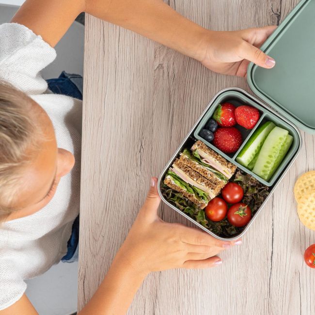 Cutie de pranz pentru alimente, din inox, cu compartimente din silicon, capac din silicon, fara BPA, lavabile in masina de spalat vase, Reer Lunchbox 25143