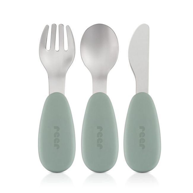 Set 3 tacamuri din otel inoxidabil (furculita, lingurita si cutit), manere din silicon, fara BPA, lavabile in masina de spalat vase, Reer 25133