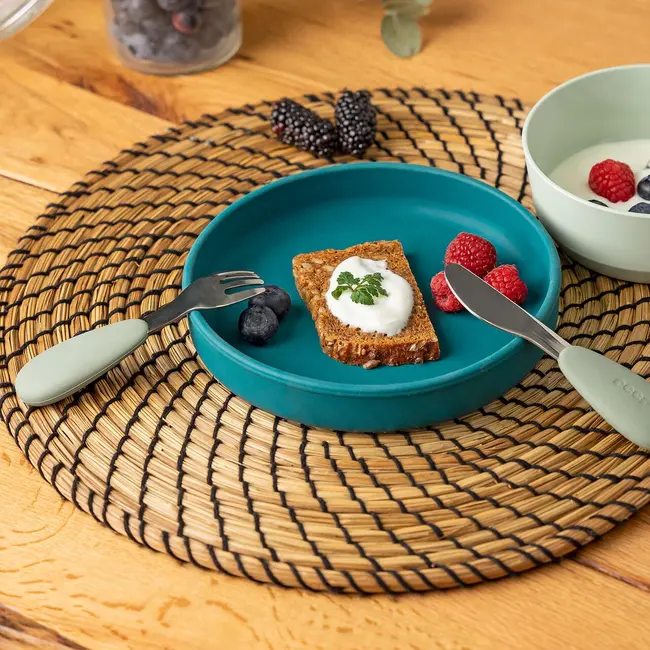 Set 3 tacamuri din otel inoxidabil (furculita, lingurita si cutit), manere din silicon, fara BPA, lavabile in masina de spalat vase, Reer 25133