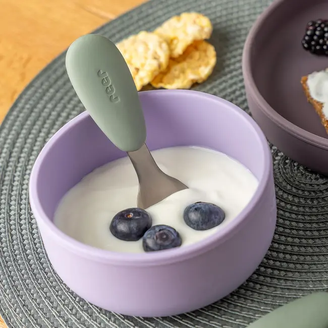 Set 3 tacamuri din otel inoxidabil (furculita, lingurita si cutit), manere din silicon, fara BPA, lavabile in masina de spalat vase, Reer 25133