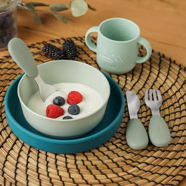 Set 3 tacamuri din otel inoxidabil (furculita, lingurita si cutit), manere din silicon, fara BPA, lavabile in masina de spalat vase, Reer 25133