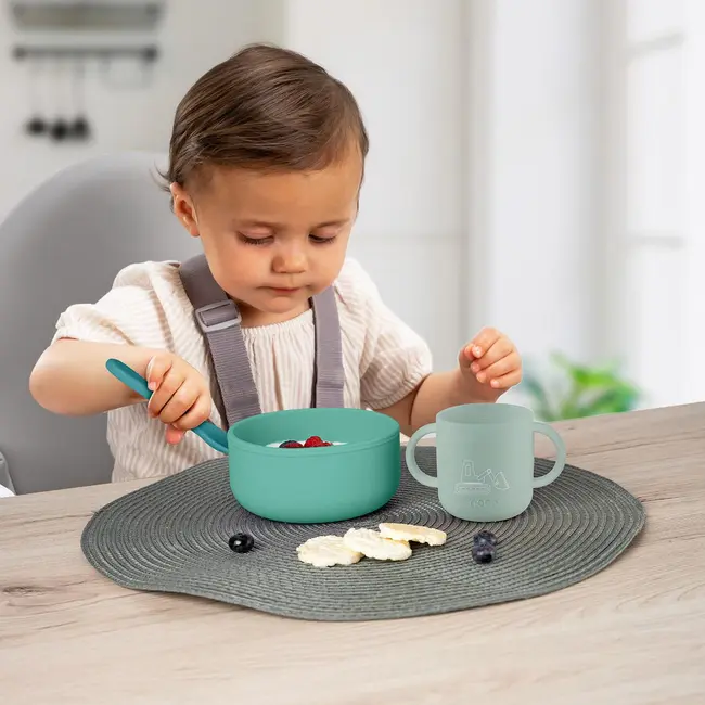 Set 4 piese vesela din silicon pentru mancarea copiilor (farfurie, castron, canuta, lingurita), fara BPA, lavabile in masina de spalat vase, de la 6 luni, verde, Reer 25113
