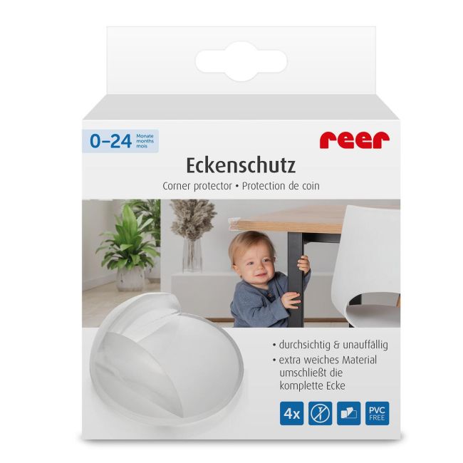 Set 4 protectii universale pentru colturi, din plastic transparent, cu banda adeziva, rezistente la muscaturi, fara PVC, Reer 82049