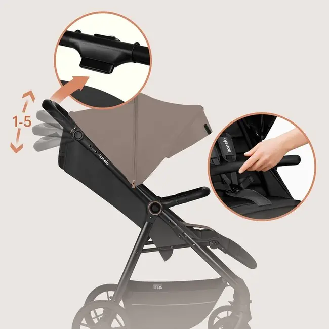 Carucior sport, Lionelo, Mira, Maner reglabil in 5 pozitii, Spatar si suport de picioare reglabile, Plasa de tantari si suport biberon incluse, Pana la 22 kg, 6 luni+, Conform cu EN1888-1, EN1888-2, Testare SGS, Bej BYNLO-MIRA_BEIGE_SAND