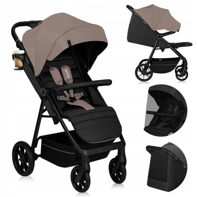 Carucior sport, Lionelo, Mira, Maner reglabil in 5 pozitii, Spatar si suport de picioare reglabile, Plasa de tantari si suport biberon incluse, Pana la 22 kg, 6 luni+, Conform cu EN1888-1, EN1888-2, Testare SGS, Bej BYNLO-MIRA_BEIGE_SAND