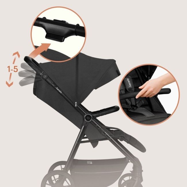 Carucior sport, Lionelo, Mira, Maner reglabil in 5 pozitii, Spatar si suport de picioare reglabile, Plasa de tantari si suport biberon incluse, Pana la 22 kg, 6 luni+, Conform cu EN1888-1, EN1888-2, Testare SGS, Gri BYNLO-MIRA_GREY_GRAPHITE