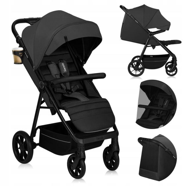Carucior sport, Lionelo, Mira, Maner reglabil in 5 pozitii, Spatar si suport de picioare reglabile, Plasa de tantari si suport biberon incluse, Pana la 22 kg, 6 luni+, Conform cu EN1888-1, EN1888-2, Testare SGS, Gri BYNLO-MIRA_GREY_GRAPHITE
